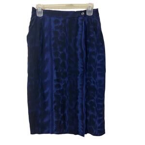 Vintage Rodier 100% Silk Blue Black Midi Skirt Pockets Size 4